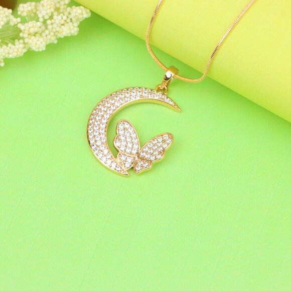 "Moon and Butterfly Rose Gold Pendant with Crystals, XPPT1219 - Picture 5 of 13